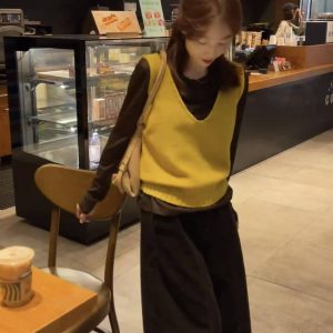 Autumn V-Neck Knit Vest and Corduroy Cropped Pants Three-Piece Set for Women