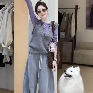Women's 3-Piece Casual Woven Top and Sweatpants Set Spring Korean Style