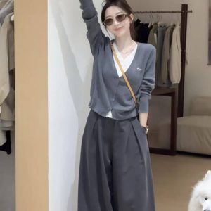 Women's Fall Two-Piece Set with Faux-Layer Top and Paperbag Pants