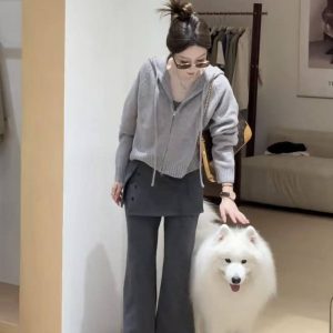 Korean Style Slimming Two-Piece Hooded Sweater and Pants Set for Women Fall 2025