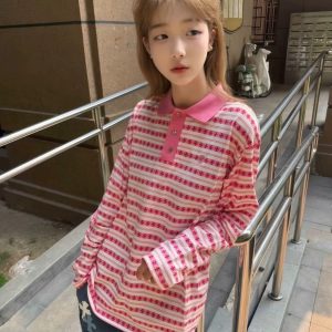 Women's Pure Cotton Long Sleeve T-Shirt 220g Polka Dot Polo Neck