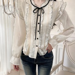 French Lace Bow Tie Loose Top - Style af0e02