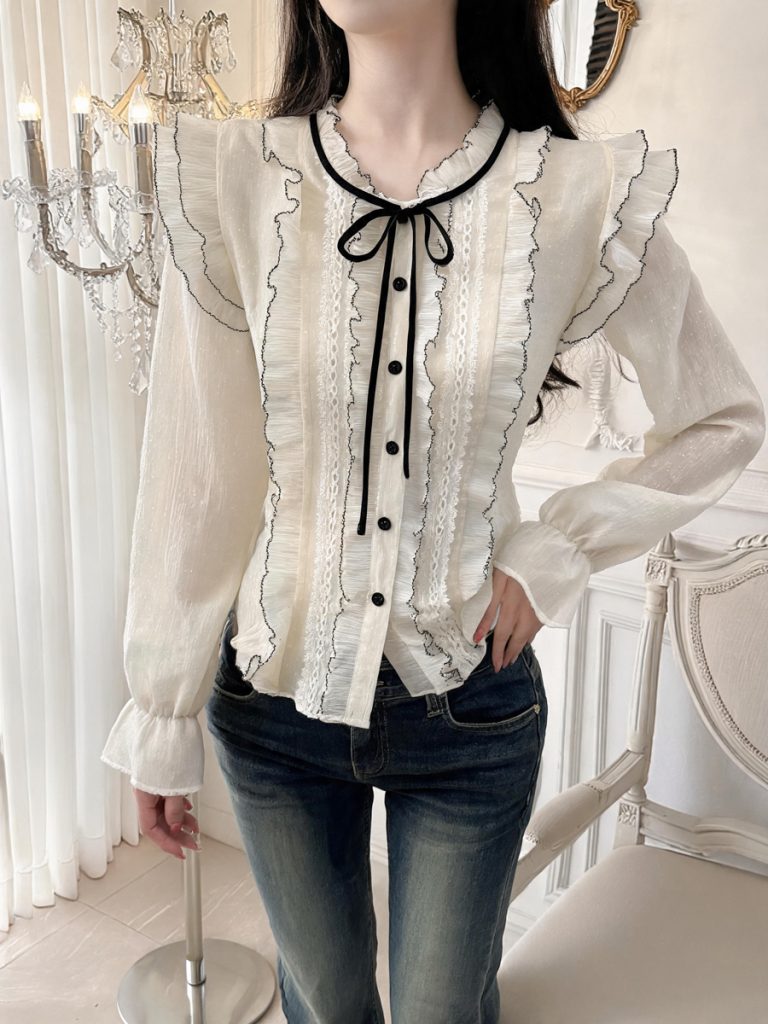 French Lace Bow Tie Loose Top - Style af0e02