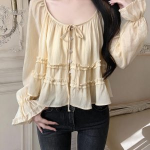 French Style Ruffle Trim Round Neck Tie Long Sleeve Blouse for Women Autumn Doll Shirt - Style 653605