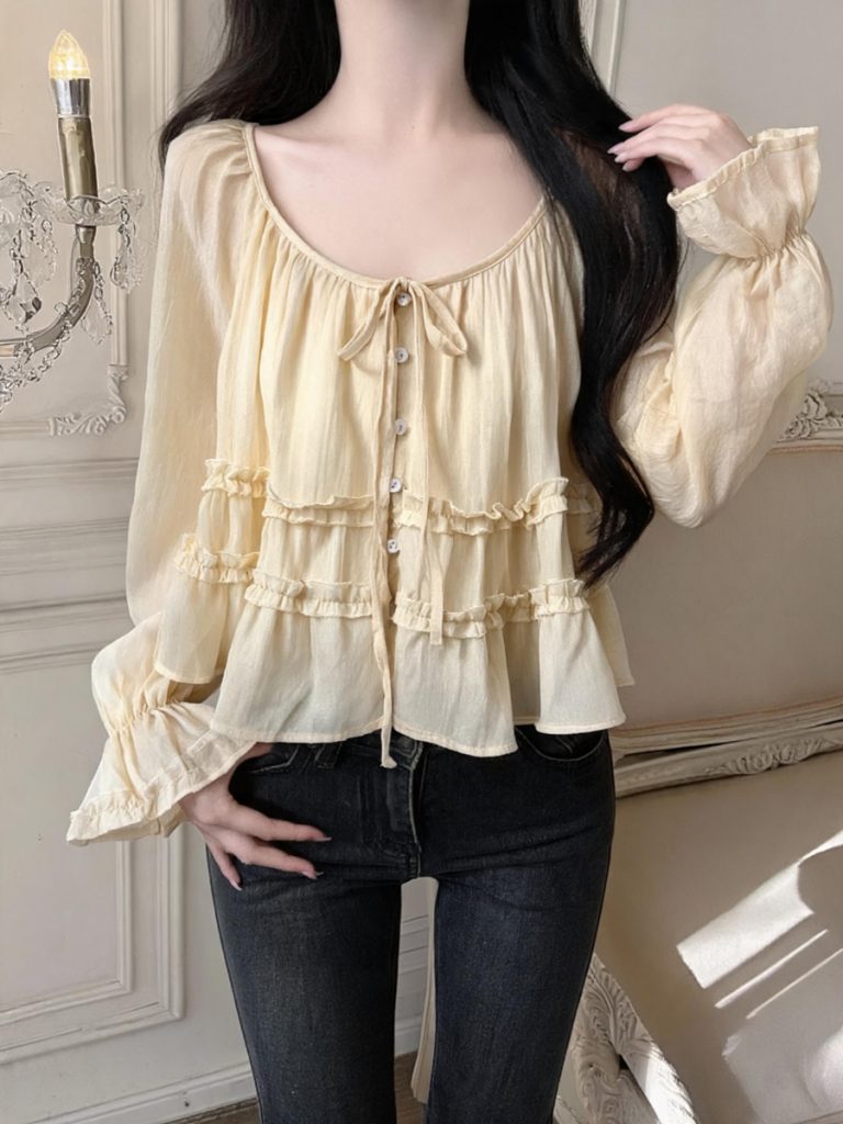 French Style Ruffle Trim Round Neck Tie Long Sleeve Blouse for Women Autumn Doll Shirt - Style 653605