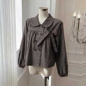French Sweet Plaid Doll Collar Bow Long Sleeve Shirt for Women