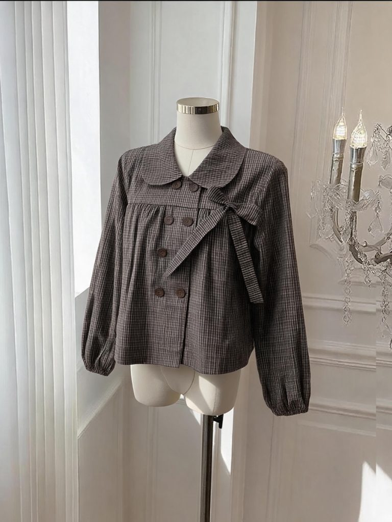 French Sweet Plaid Doll Collar Bow Long Sleeve Shirt for Women