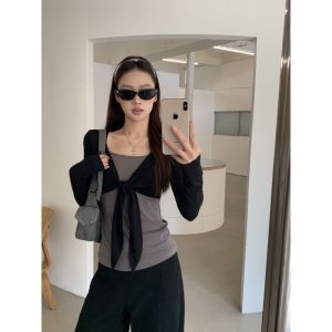Women's Long Sleeve Cotton T-Shirt Fall Loose Fit Two-Piece Look