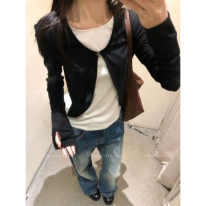 Black and White Color Block Faux Two Piece Long Sleeve Top for Women