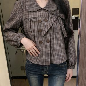 Women's French Sweet Plaid Doll Collar Bow Long Sleeve Shirt