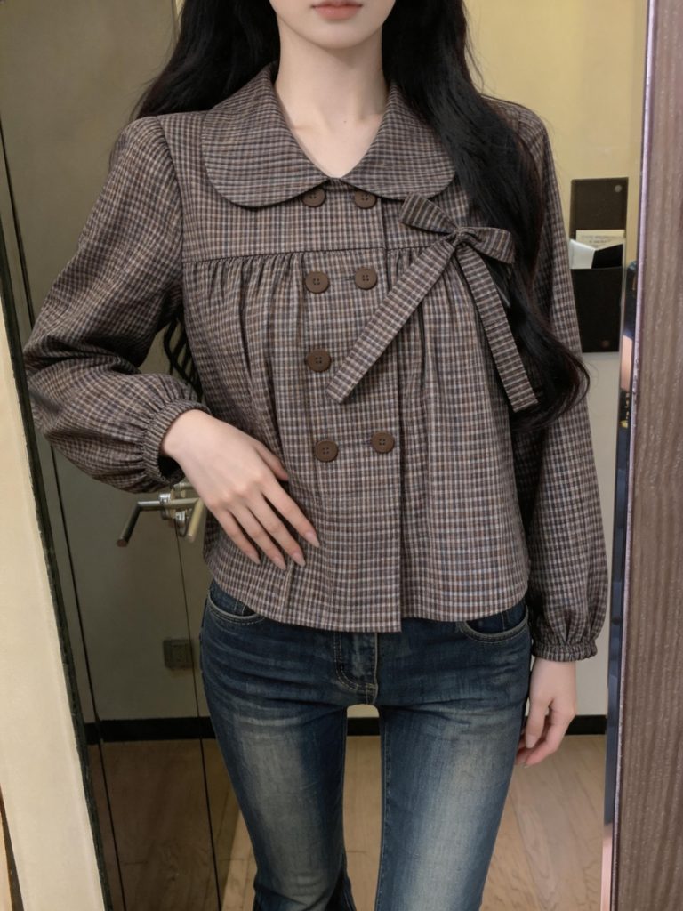 Women's French Sweet Plaid Doll Collar Bow Long Sleeve Shirt