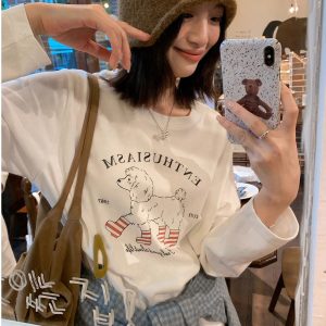 2026 Korean Style Long Sleeve Print T-Shirt for Women Loose Plus Size - Style b4ab22