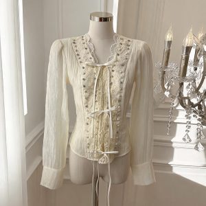 V-Neck Embroidered Beaded Lace-Up Puff Sleeve Shirt - Style b683a5