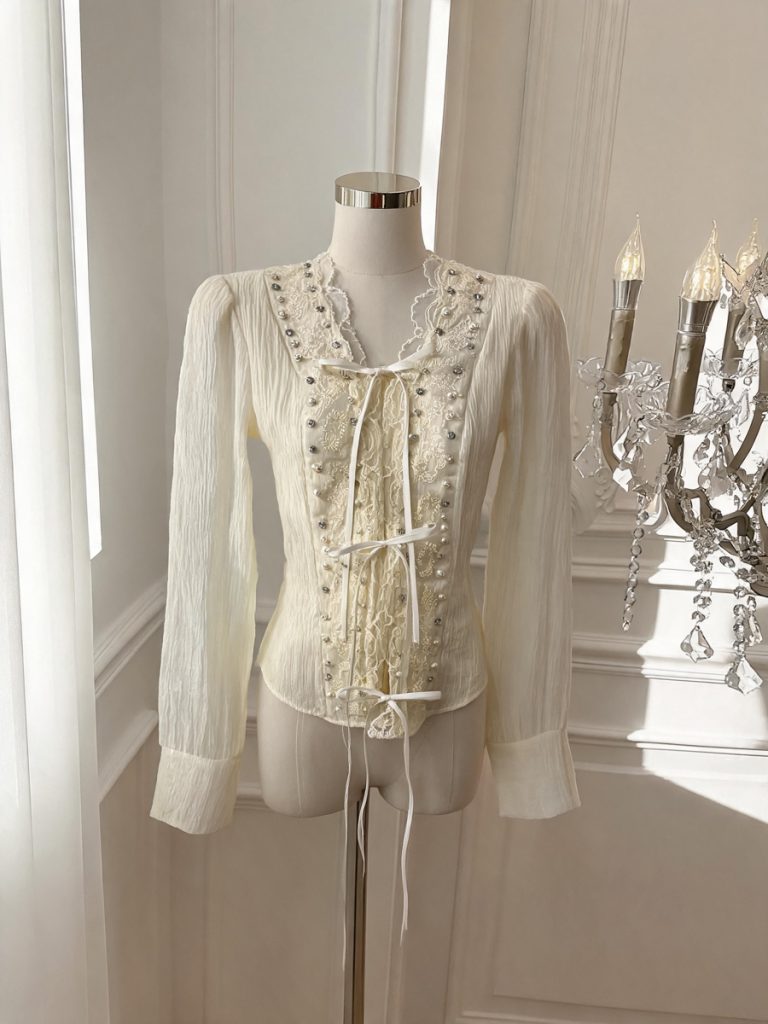 V-Neck Embroidered Beaded Lace-Up Puff Sleeve Shirt - Style b683a5