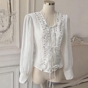 V-Neck Embroidered Beaded Lace-Up Puff Sleeve Shirt - Style 3f6153