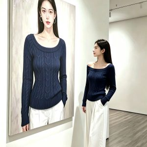 Women's Navy Blue Cable Knit Pullover Sweater 2026 Early Autumn Korean Style Top