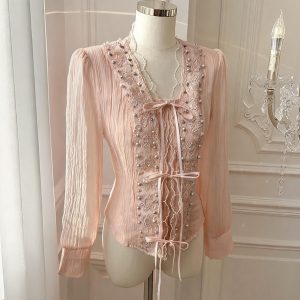 V-Neck Embroidered Beaded Lace-Up Puff Sleeve Shirt - Style b6f4a3
