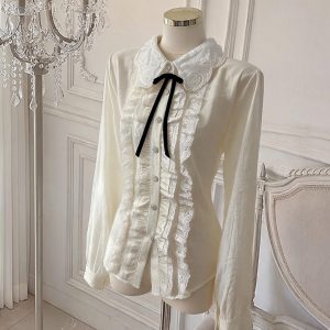 Korean Sweet Style Peter Pan Collar Long Sleeve Blouse