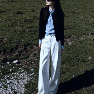 Navy Faux Two-Piece Knit Cardigan Women 2026 Early Autumn Korean Style