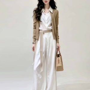 Khaki Slimming Knit Cardigan Women 2026 Fall Elegant Preppy Style Top