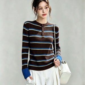 Brown Striped Half-Turtleneck Slim-Fit Knit Sweater for Women