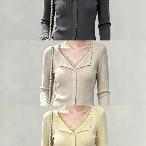 Dark Gray Lace Trim Knit Cardigan for Women 2026 Early Autumn Layering Top