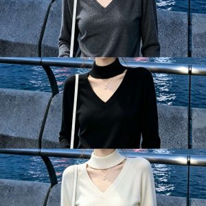 Korean Lazy Style V-Neck Cinched Waist Knit Sweater for Women Early Autumn