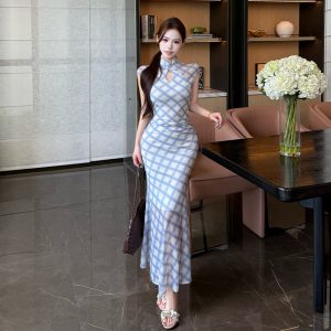 New Chinese Style Plaid Qipao Dress for Women Summer Slim Fit Midi Dress